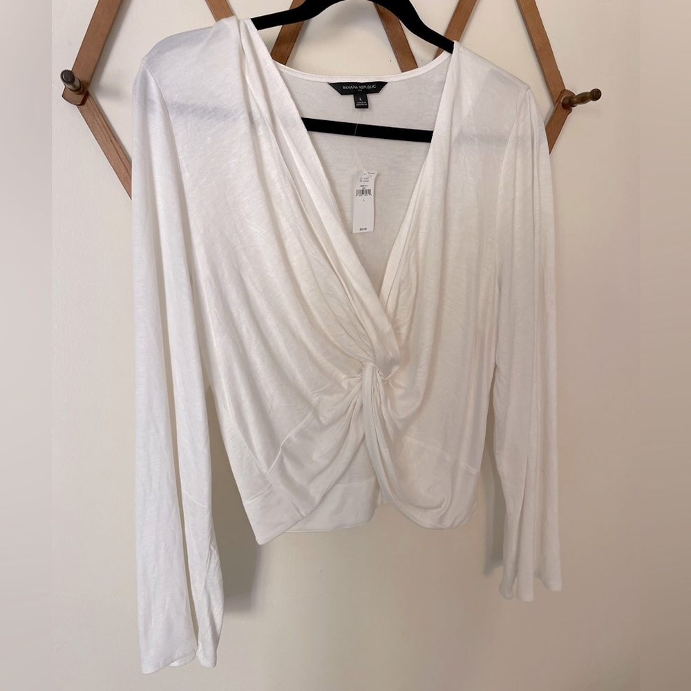 BANANA REPUBLIC | Silkyluxe Center-Twist Faux Wrap white NWT long sleeve | Sz L